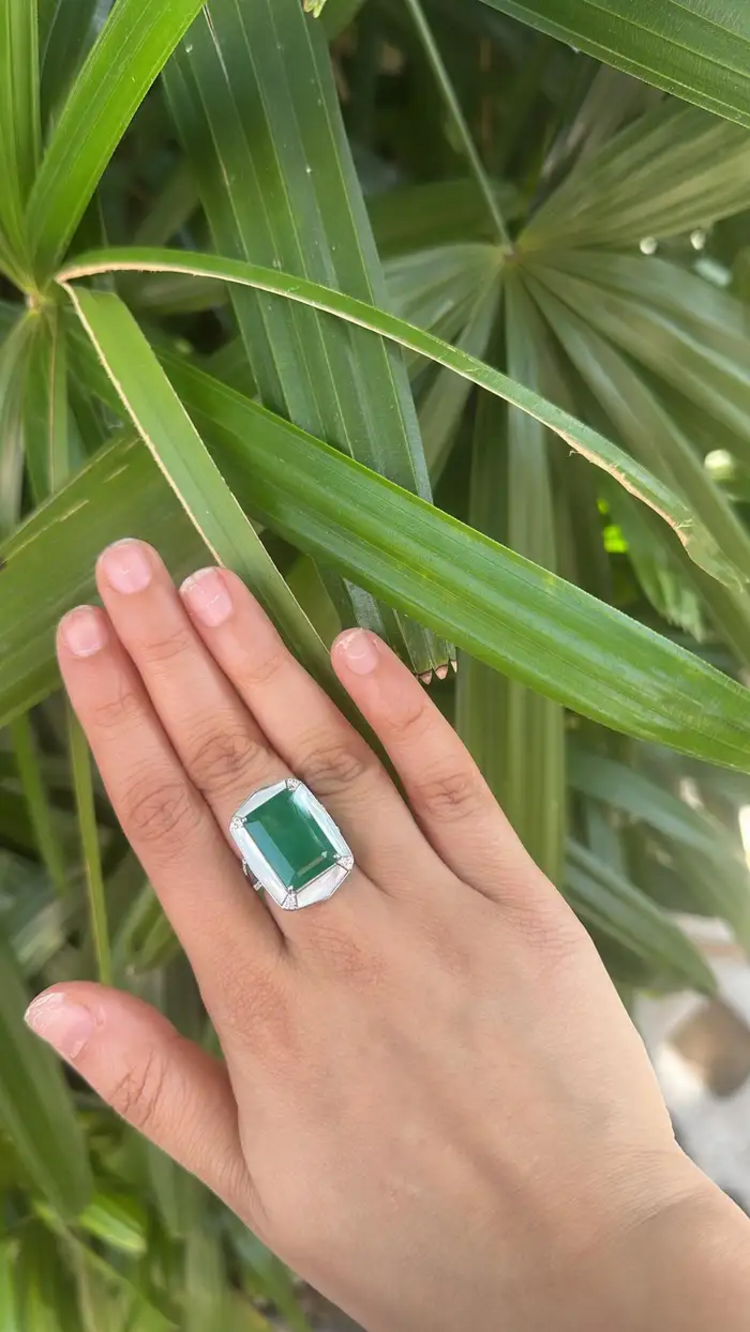 18k White Gold Diamond Ring - Natural Zambian Emerald & Mother Of Pearl Ring