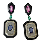 18k White Gold Diamond Dangle Earrings - Natural Emerald, Sapphire, Black Onyx & Crystal Earrings