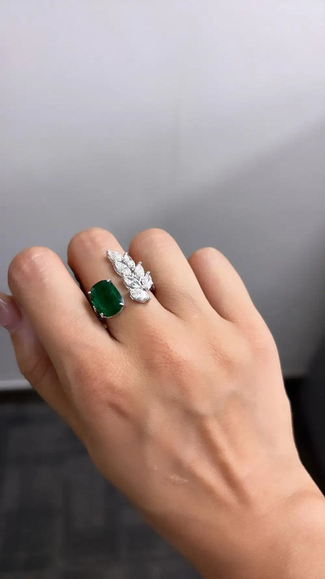 18k White Gold Handmade Bridal Ring - Natural Zambian Emerald & Diamond Ring Main Image