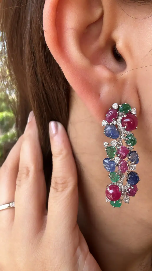 18k White Gold Diamond Dangle Earrings - Natural Mozambique Ruby, Zambian Emerald & Carved Blue Sapphire Earrings Main Image