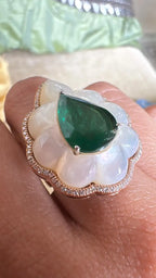 Natural Zambian Emerald & Mother of Pearl Cocktail Ring - 18k Yellow Gold Diamond Wedding Ring