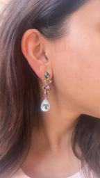 Natural Multi Sapphire & Pear Shape Aquamarine Gemstone Dangle Earrings - 18k White Gold Diamond Earrings