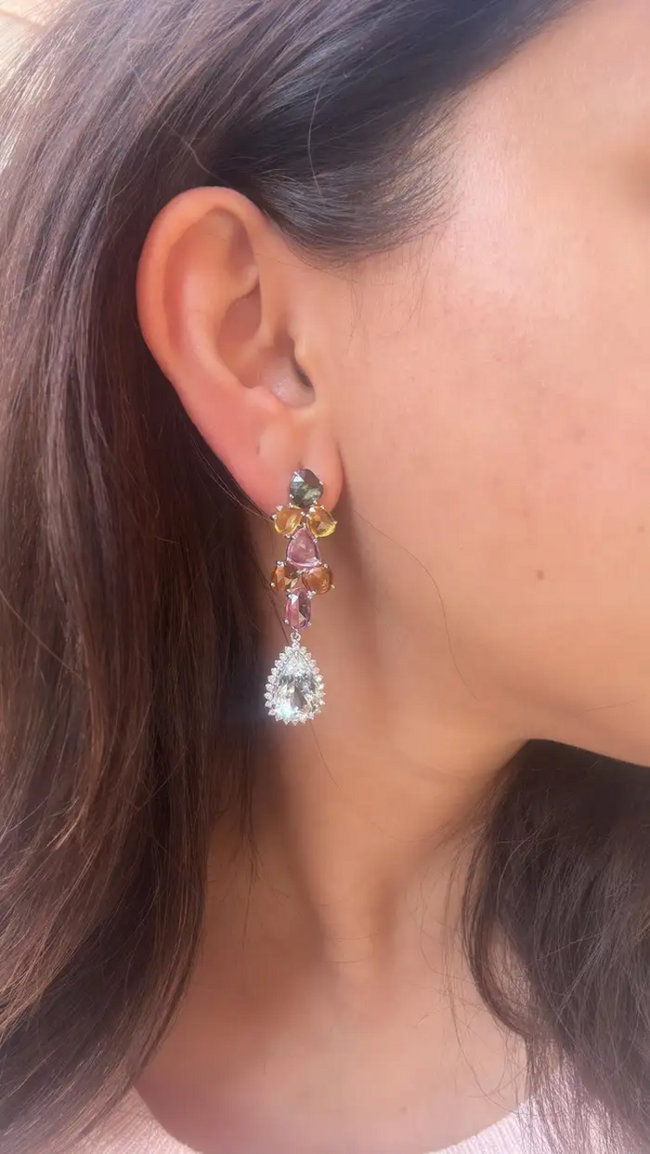 Natural Multi Sapphire & Pear Shape Aquamarine Gemstone Dangle Earrings - 18k White Gold Diamond Earrings Main Image