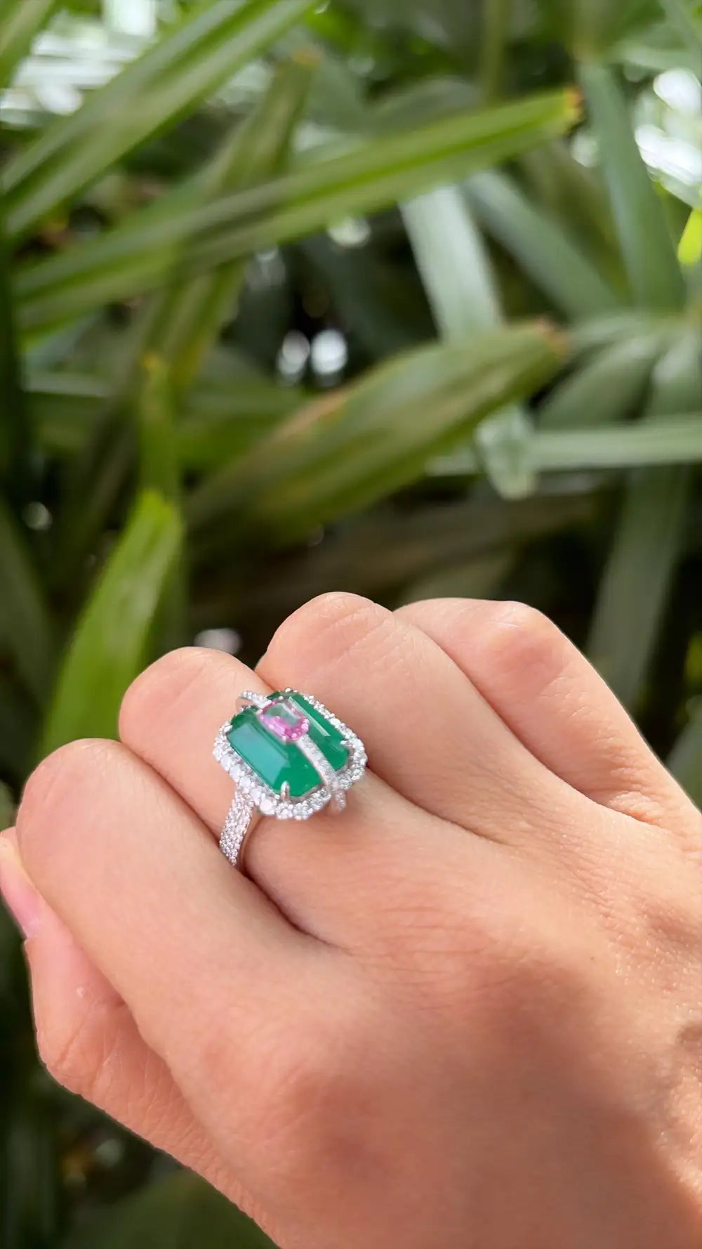 Zambian Emerald & Pink Sapphire Gemstone Ring - 18k White Gold Diamond Ring