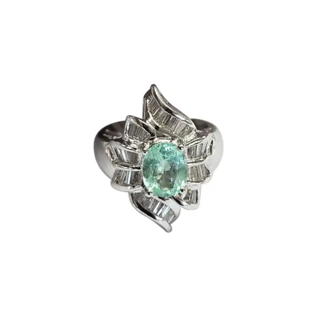 Platinum 900 Diamond Ring - Natural Paraiba Tourmaline Wedding Ring Hover Image