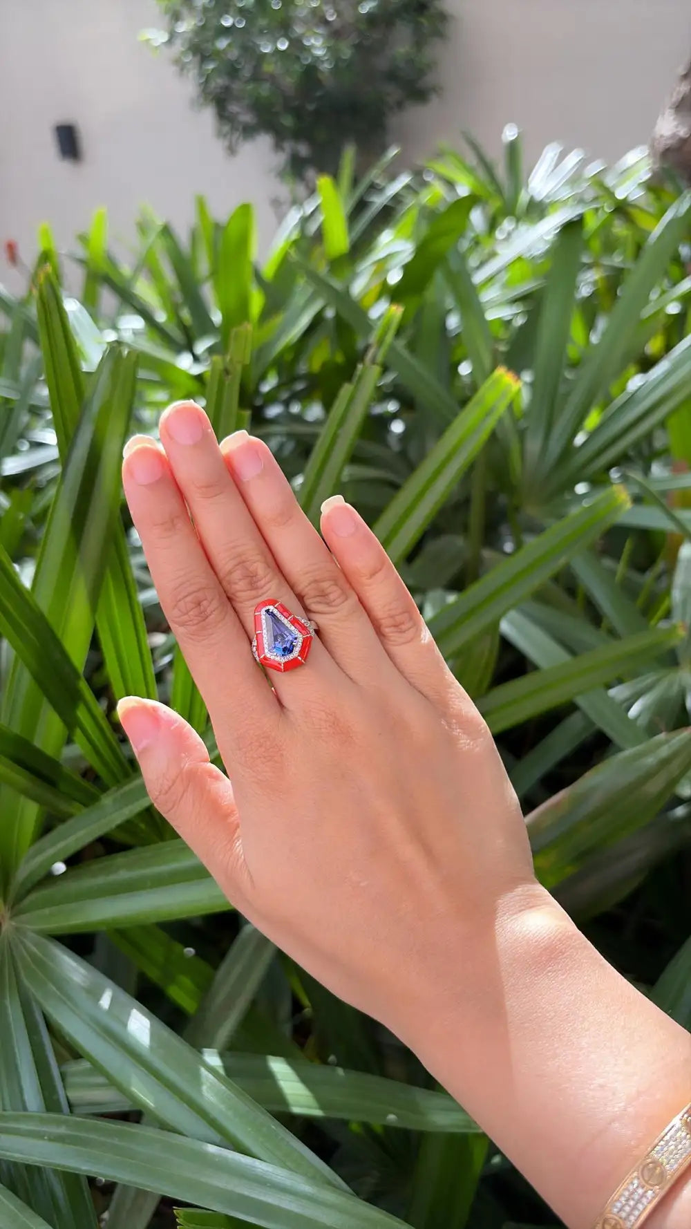 18k White Gold Diamond Ring - Natural Tanzanite & Orange Enamel Cocktail Ring