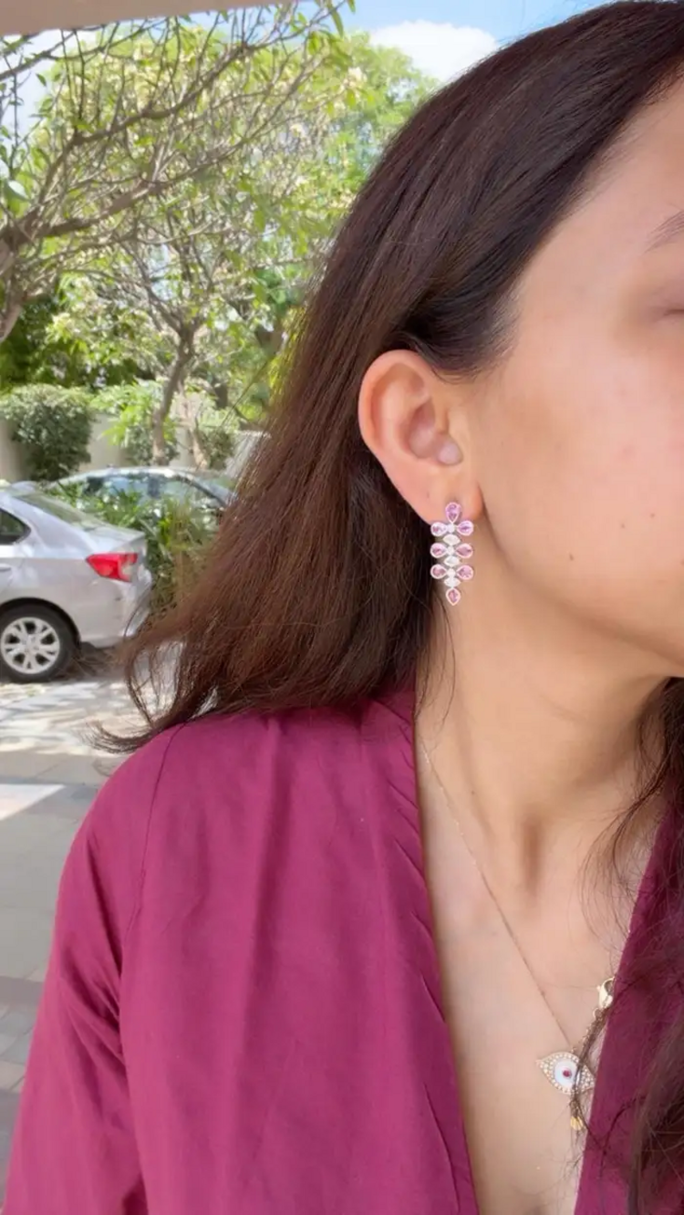 18k White Gold Diamond Dangle Earrings - Natural Pink Sapphire Earrings