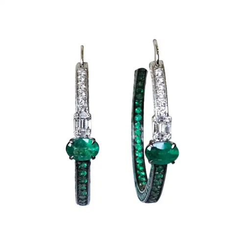 18k White Gold Diamond Hoop Earrings - Natural Zambian Emerald Earrings