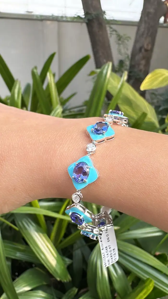 Natural Tanzanite & Turquoise Enamel Bracelet - 18k White Gold Diamond Bracelet Main Image