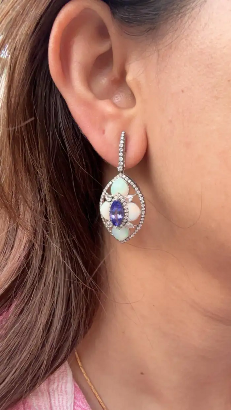 Natural Tanzanite & Ethiopian Opal Earrings - 18k White Gold Diamond Dangle Earrings