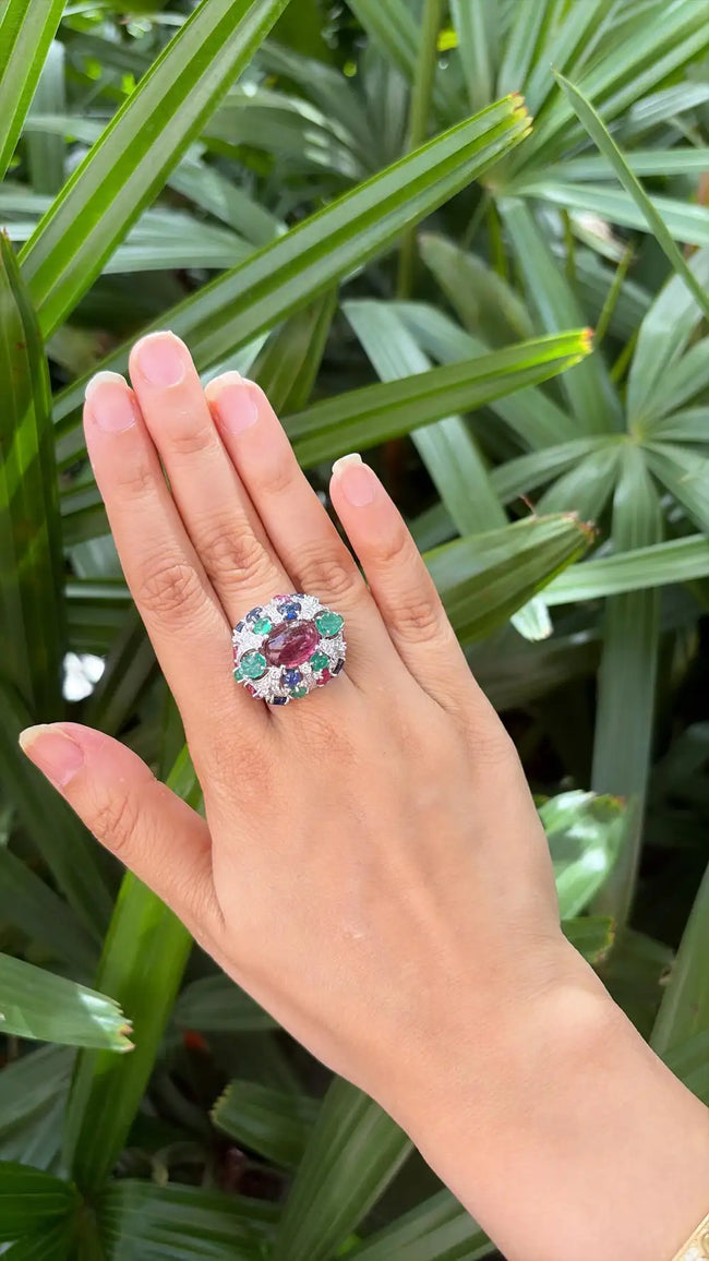 Natural Rubellite, Blue Sapphire, Ruby & Emerald Gemstone Cocktail Ring - 18k White Gold Diamond Ring Main Image
