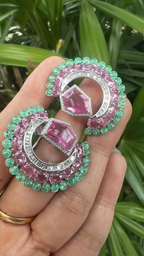11.33 Ct. Pink Sapphire & Emerald Gemstone Stud Earrings - 18k White Gold Diamond Earrings