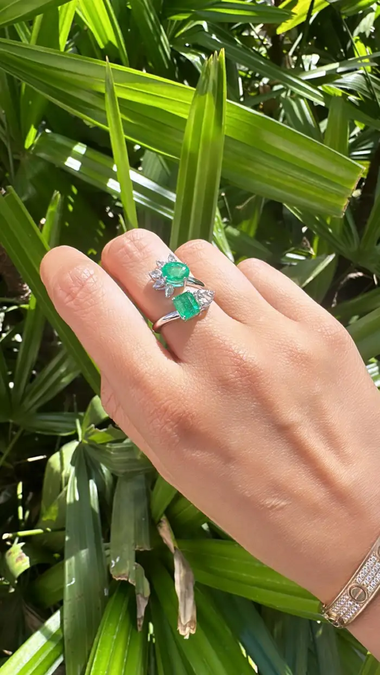 18k White Gold Ring - Natural Zambian Emerald Wrap Ring - Rose Cut Diamond Cuff Ring