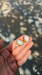 Natural Ethiopian Opal & Multi Sapphire Stud Earrings - 18k Yellow Gold Diamond Earrings