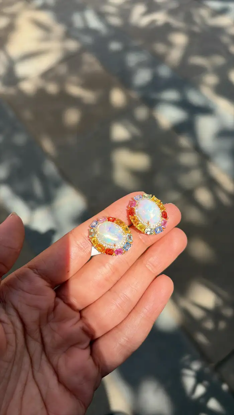 Natural Ethiopian Opal & Multi Sapphire Stud Earrings - 18k Yellow Gold Diamond Earrings