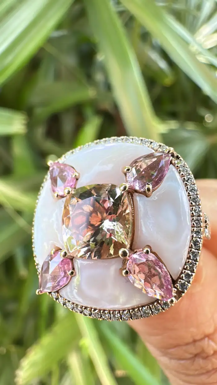 Natural Morganite & Pink Sapphire Cocktail Ring - 18k Rose Gold Diamond Handmade Ring