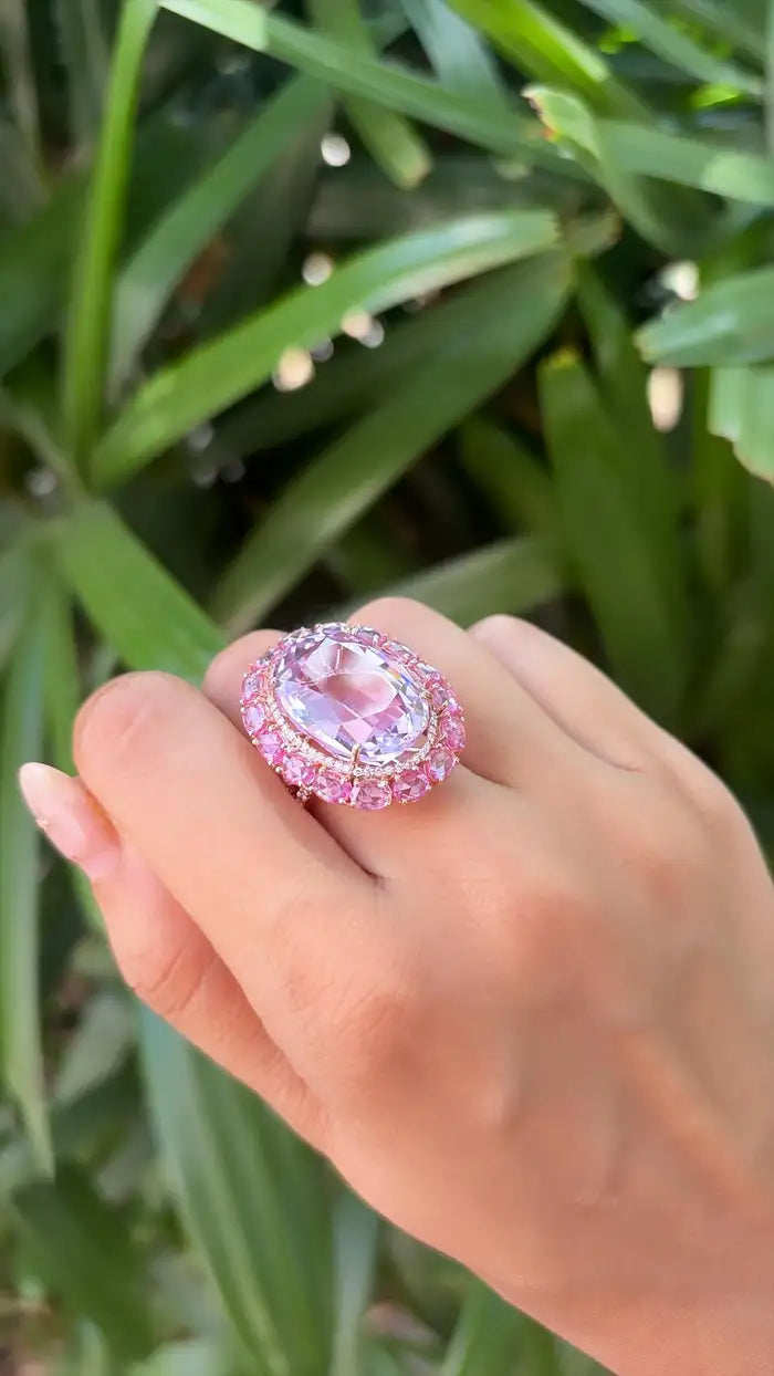 26.87 Ct. Kunzite & Pink Sapphire Cocktail Ring - 18k Rose Gold Diamond Wedding Ring