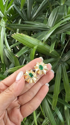 18k Yellow Matte Gold Stud Earrings - Natural Zambian Emerald & Diamond Earrings
