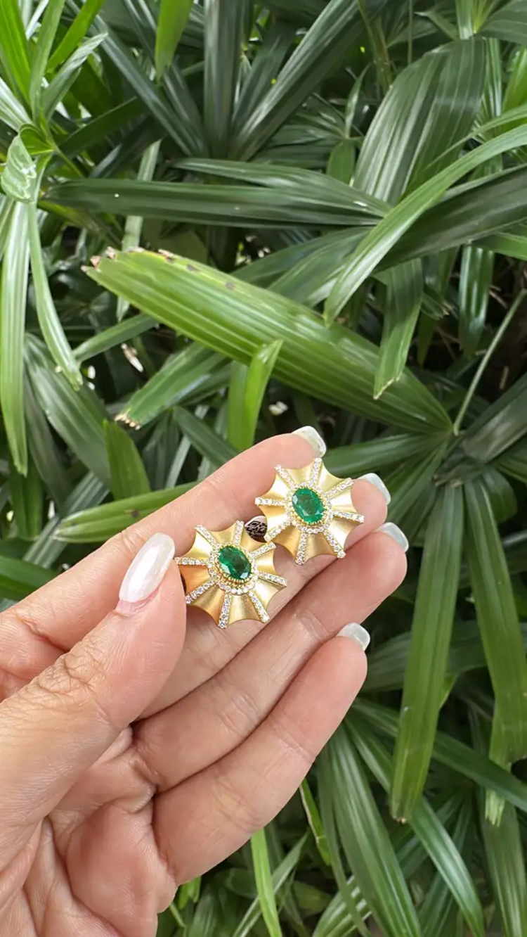 18k Yellow Matte Gold Stud Earrings - Natural Zambian Emerald & Diamond Earrings