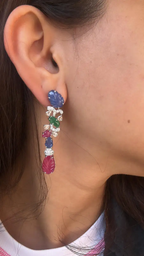 Natural Blue Sapphires, Emeralds, Rubies & Diamonds Chandelier Earrings - 18k White Gold Earrings