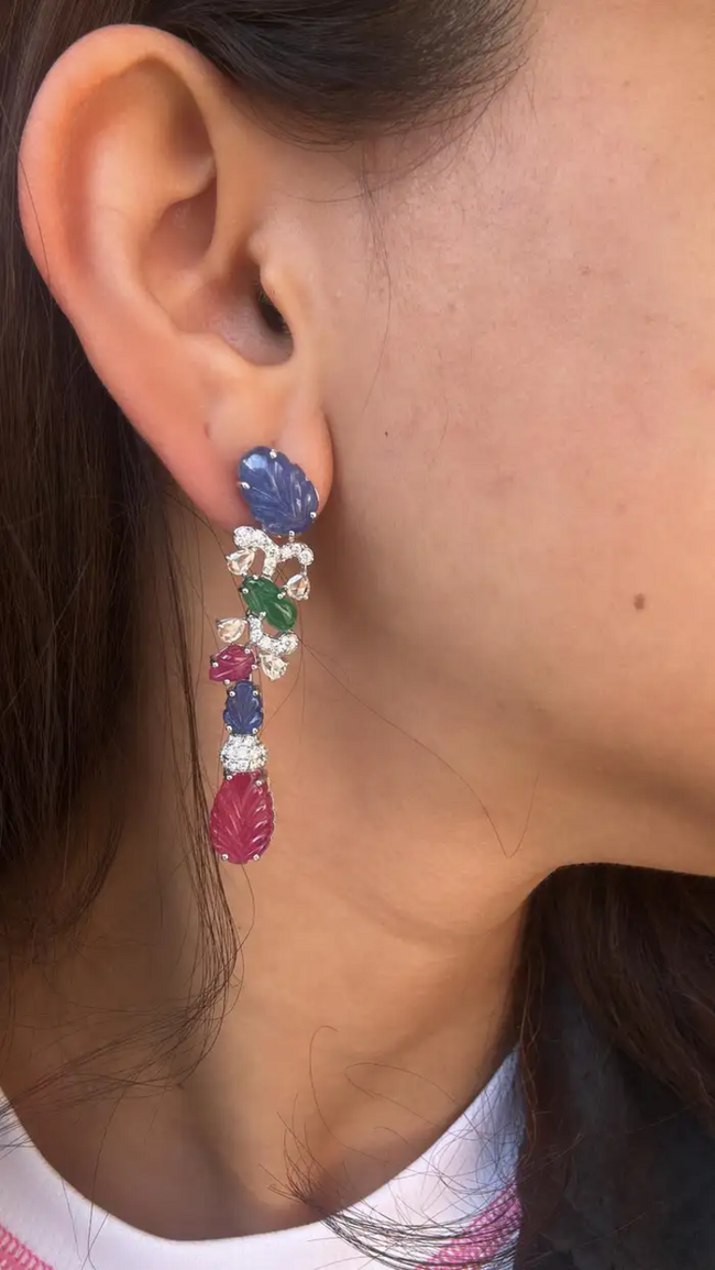 Natural Blue Sapphires, Emeralds, Rubies & Diamonds Chandelier Earrings - 18k White Gold Earrings Main Image