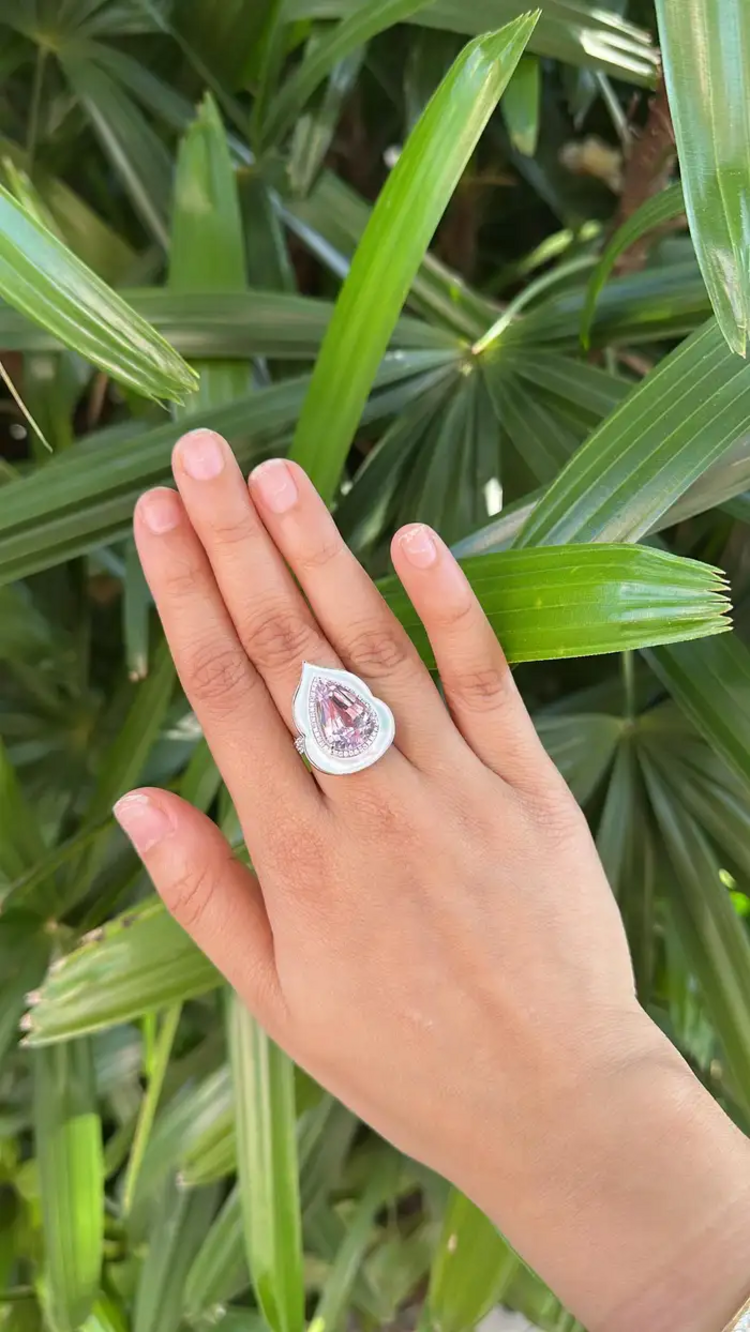 Natural Pink Kunzite & Mother Of Pearl Ring - 18k White Gold Diamond Handmade Ring