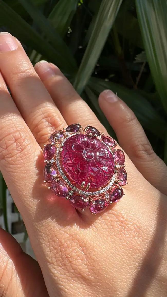 Hand Carved Tourmaline & Natural Diamond Cocktail Ring - 18k Rose Gold Ring Main Image