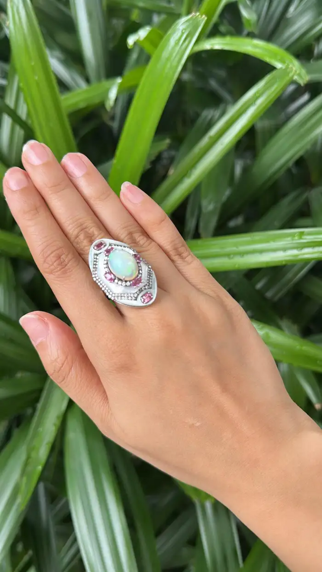 Ethiopian Opal, Mother Of Pearl & Pink Sapphire Cocktail Ring - 18k White Gold Diamond Statement Ring Main Image