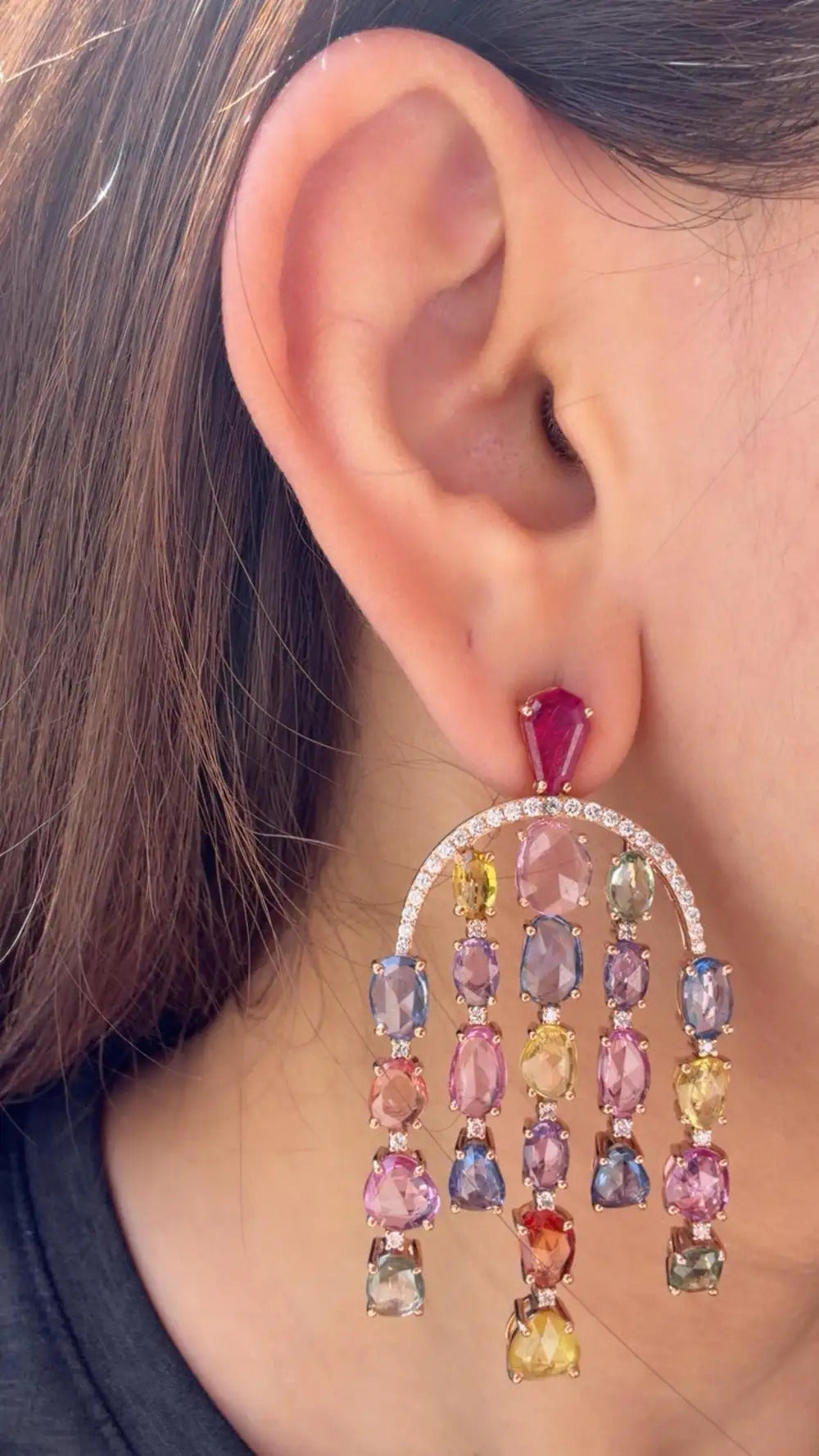 Natural Multi Sapphire & Mozambique Ruby Dangle Earrings - 18k Rose Gold Diamond Earrings