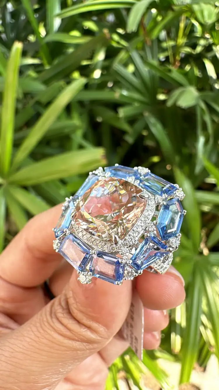 Natural Morganite & Blue Sapphire Gemstone Gold Ring - 18k White Gold Diamond Cocktail Ring