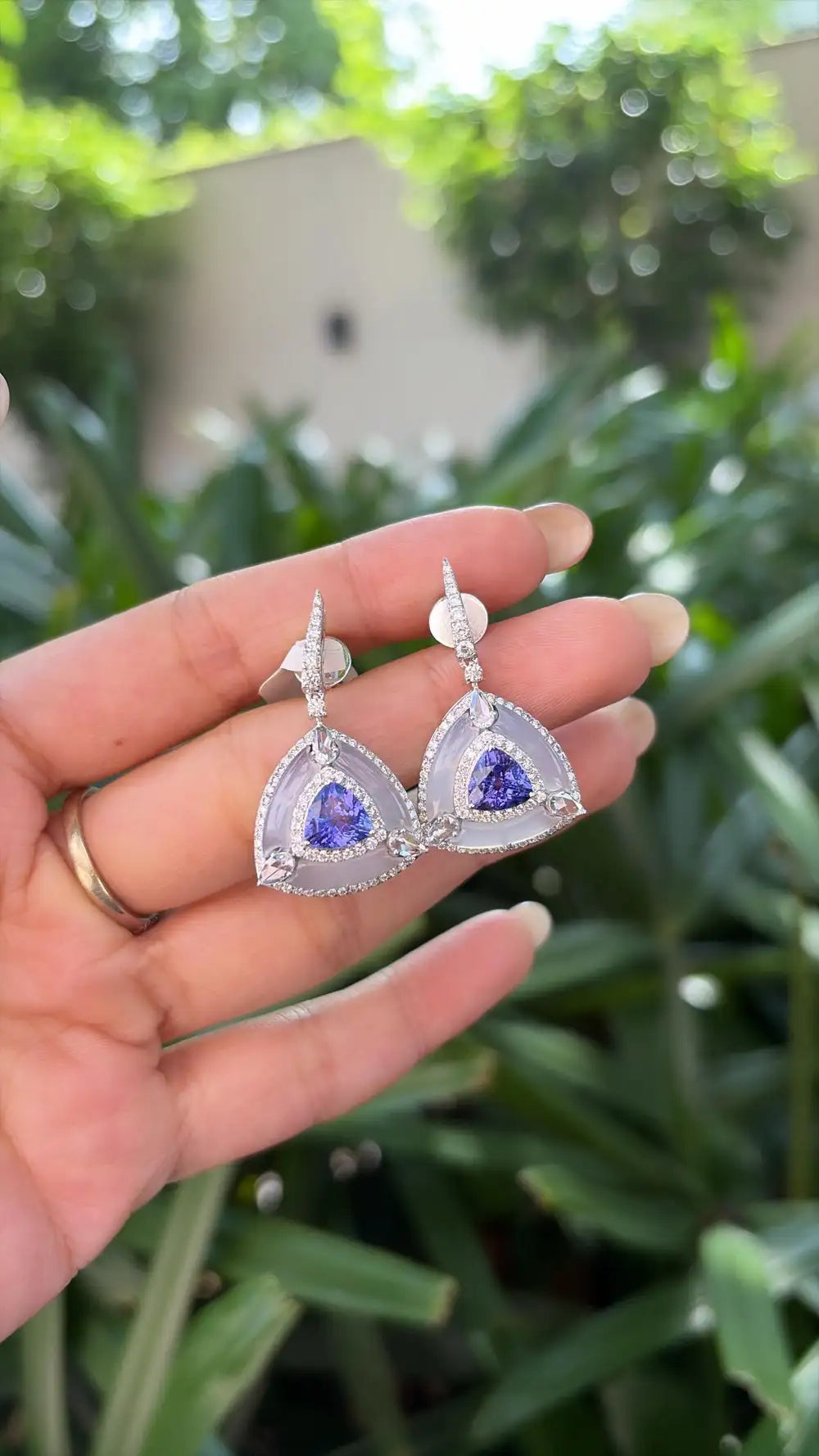 Natural Tanzanite & Chalcedony Gemstone Dangle Earrings - 18k White Gold Diamond Earrings