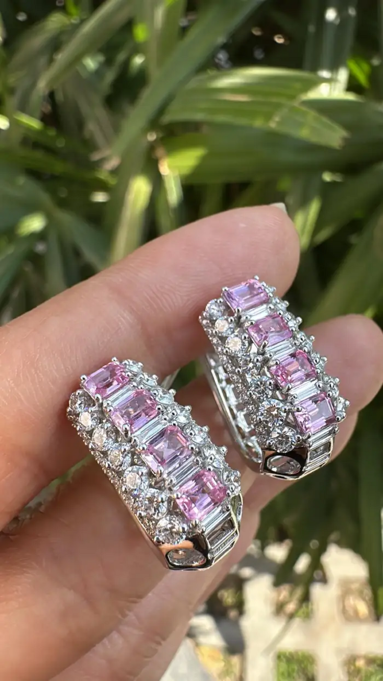 18k White Gold Diamond Hoop Earrings - Natural Pink Sapphire Huggie Hoop Earring
