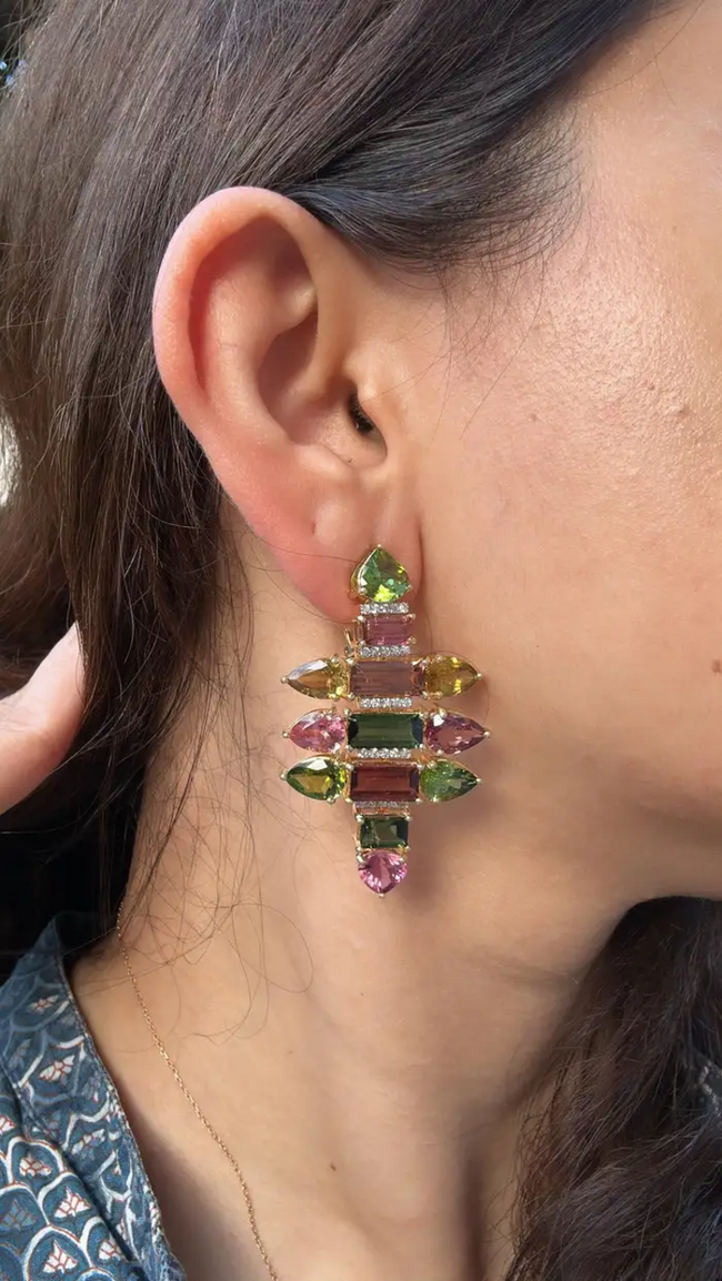 18k Yellow Gold Diamond Earrings - Natural Tourmaline Gemstone Chandelier Earrings Main Image
