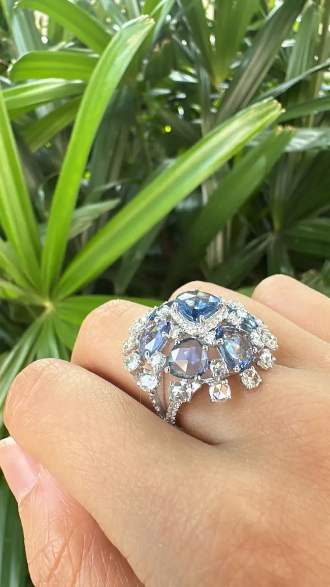 Natural Blue Sapphire & Rose Cut Diamonds Cocktail Ring - Handmade 18k White Gold Ring Main Image
