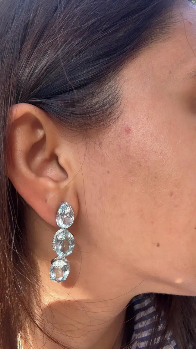 Natural Aquamarine Gemstone Dangle Earrings - 18k White Gold Diamond Drop Dangle Earrings Main Image