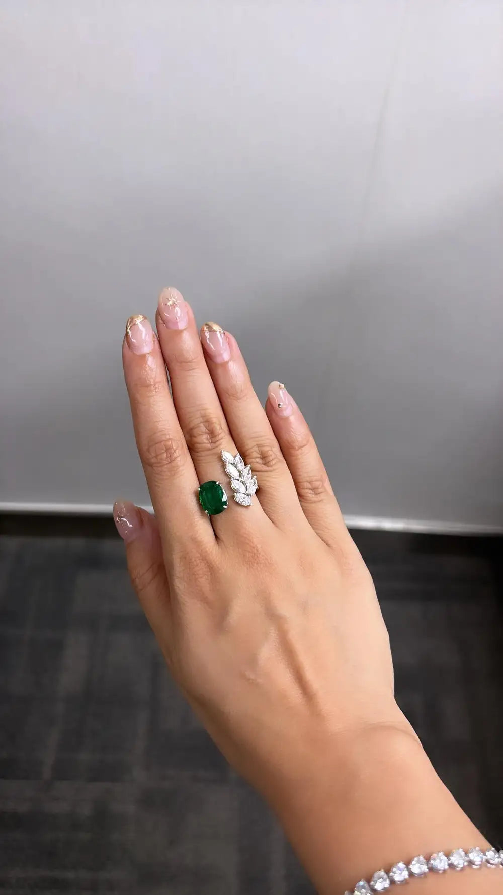 18k White Gold Handmade Bridal Ring - Natural Zambian Emerald & Diamond Ring