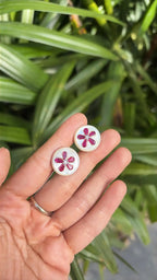 18k White Gold Diamond Stud Earrings - Natural Mozambique Ruby & Mother Of Pearl Stud Earrings