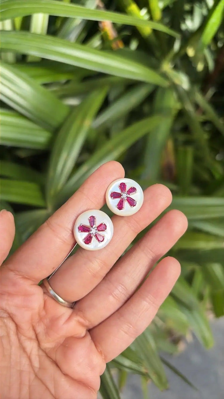 18k White Gold Diamond Stud Earrings - Natural Mozambique Ruby & Mother Of Pearl Stud Earrings