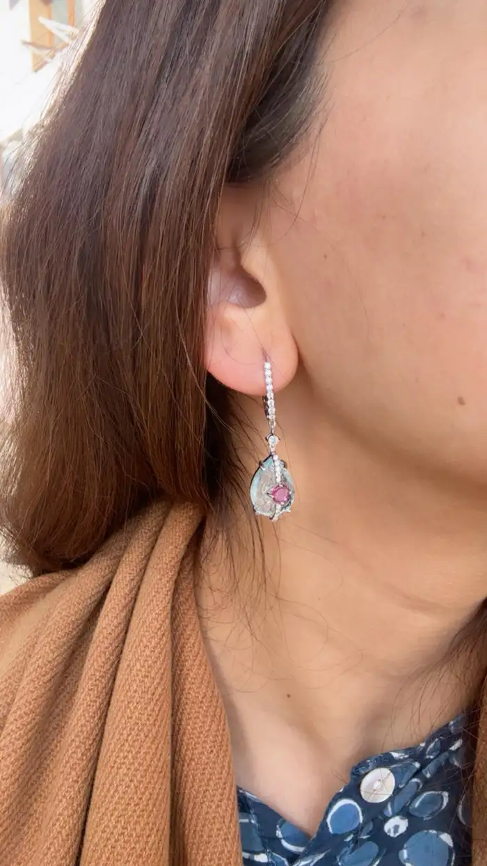 18k White Gold Diamond Dangle Earrings - Natural Ruby & Hand Carved Aquamarine Earrings