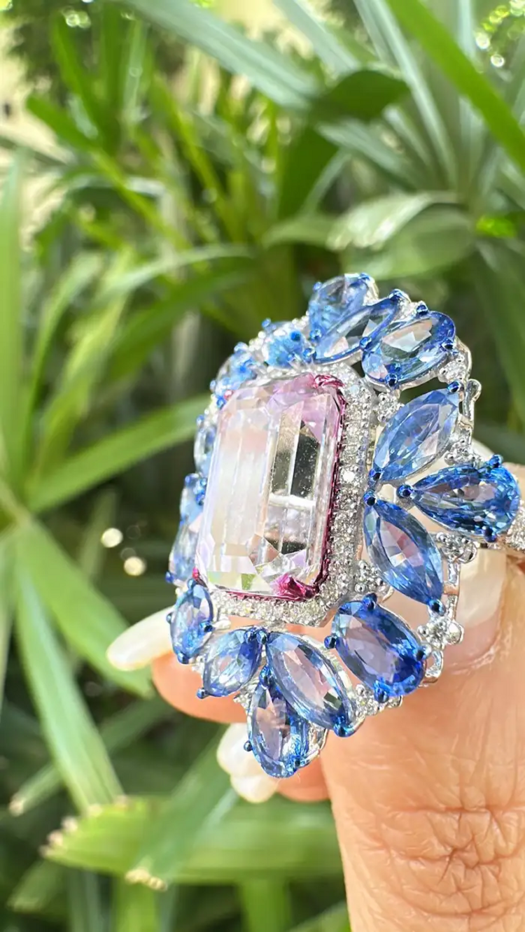 Natural Kunzite & Blue Sapphire Cocktail Ring - 18k White Gold Diamond Ring