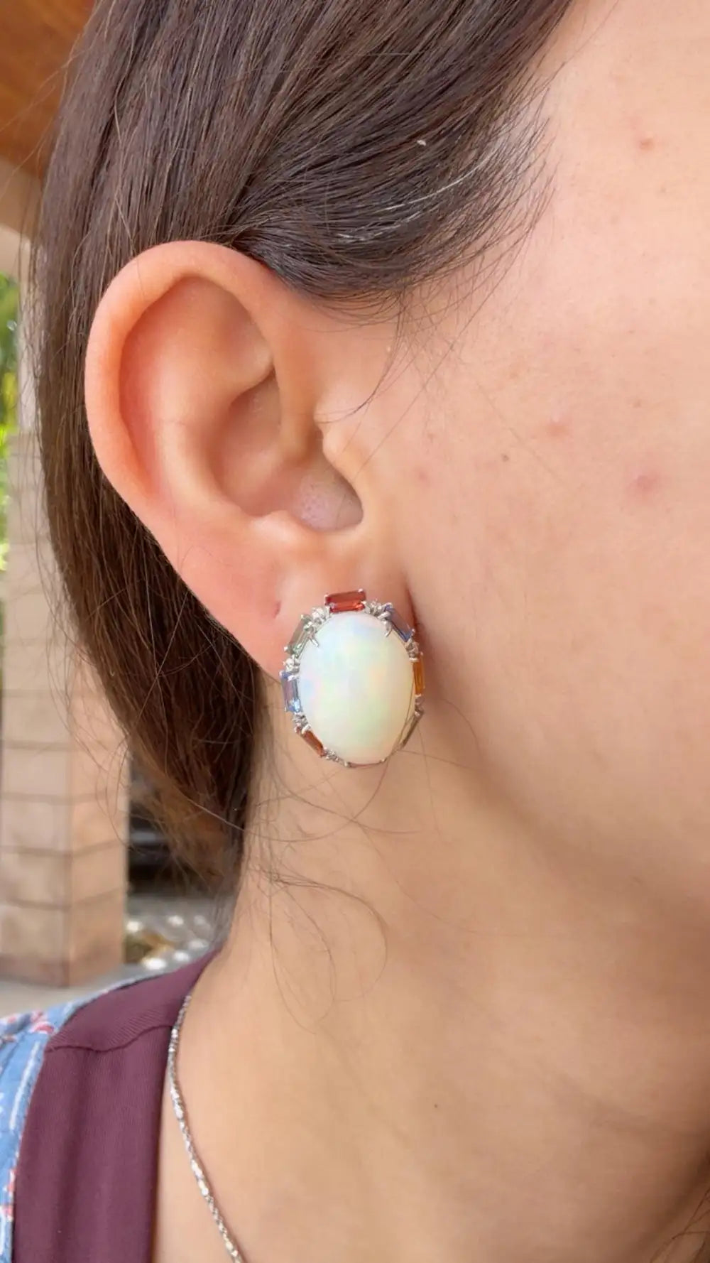 Ethiopian Opal & Multi Sapphire Stud Earrings - 18k White Gold Diamond Stud Earrings