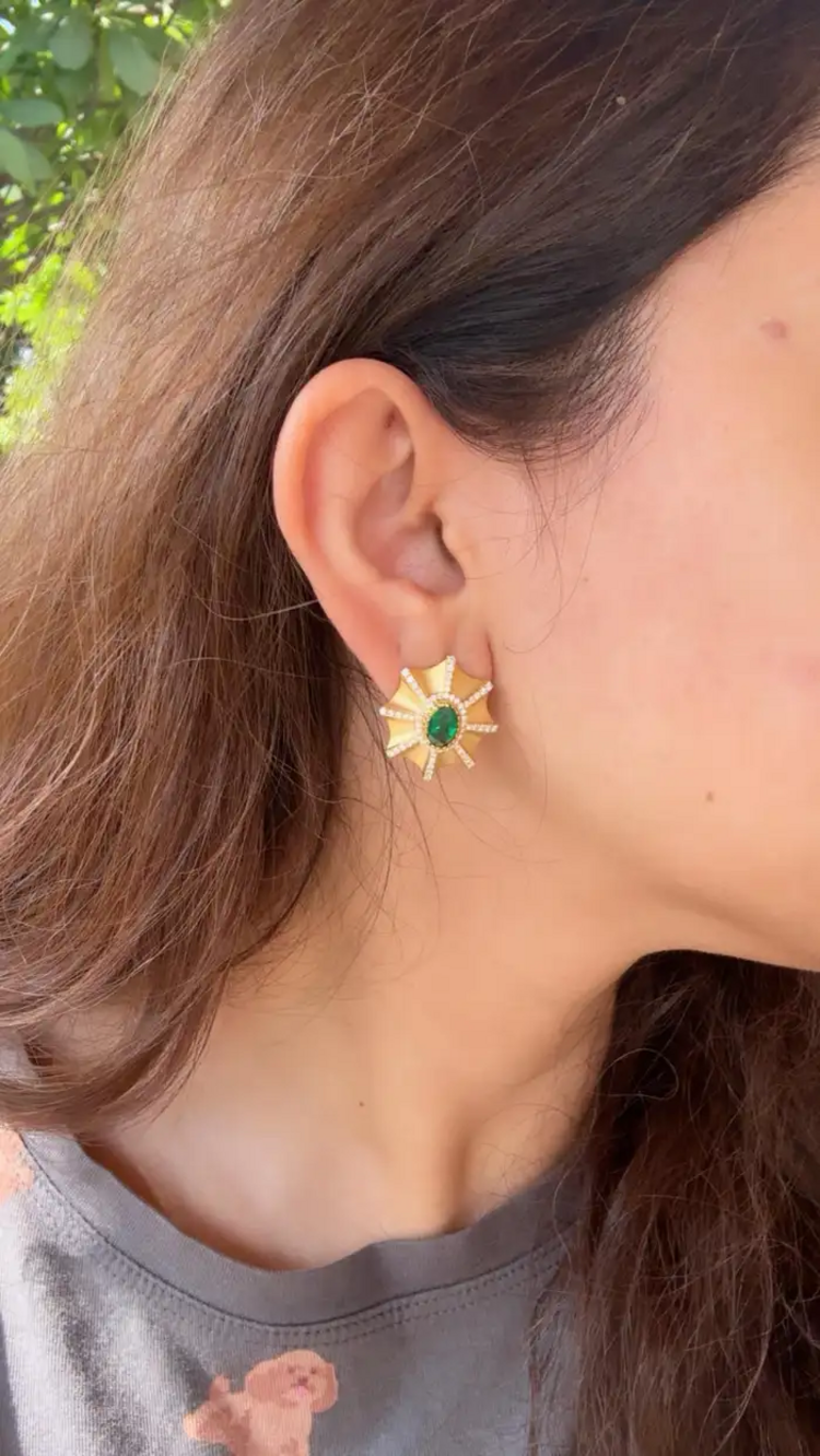 18k Yellow Matte Gold Stud Earrings - Natural Zambian Emerald & Diamond Earrings