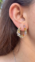 Natural Multi Sapphire & Diamond Hoop Earrings - 18k Yellow Gold Handmade Earrings