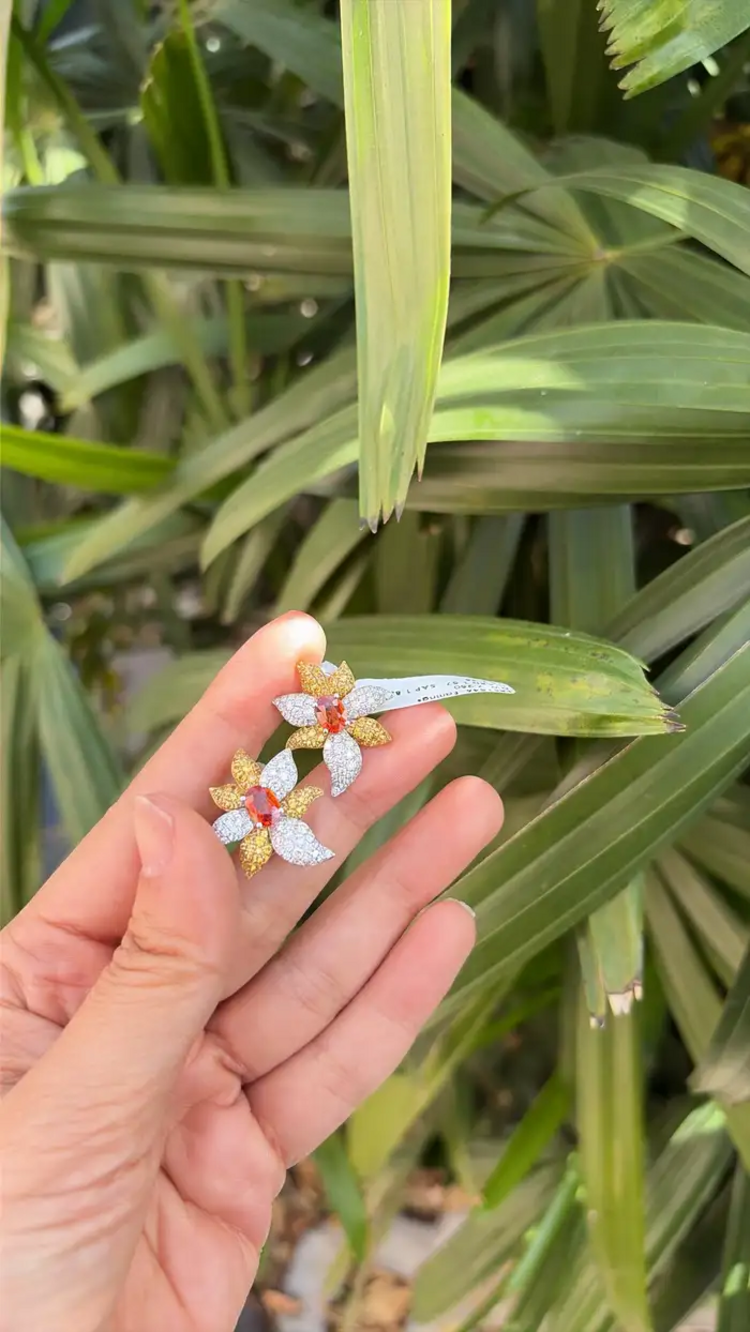 Orange & Yellow Sapphire Gemstone Stud Earrings - 18k White Gold Diamond Floral Stud Earrings