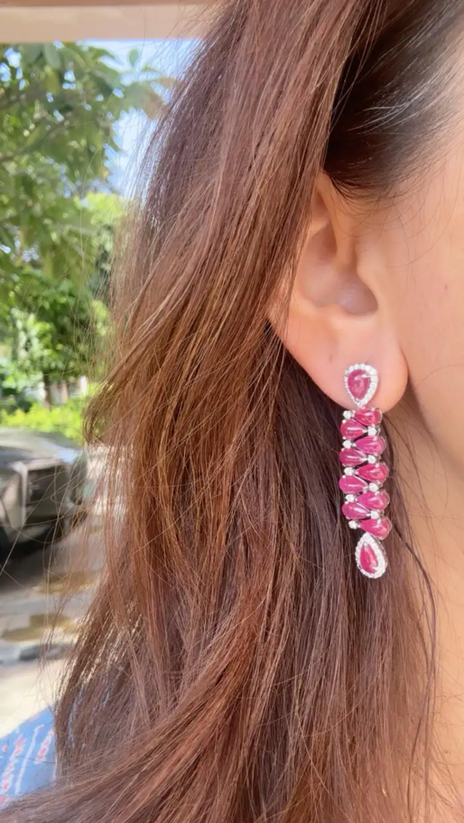 18k White Gold Diamond Dangle Earrings - Natural Mozambique Ruby Dangle Earrings Main Image