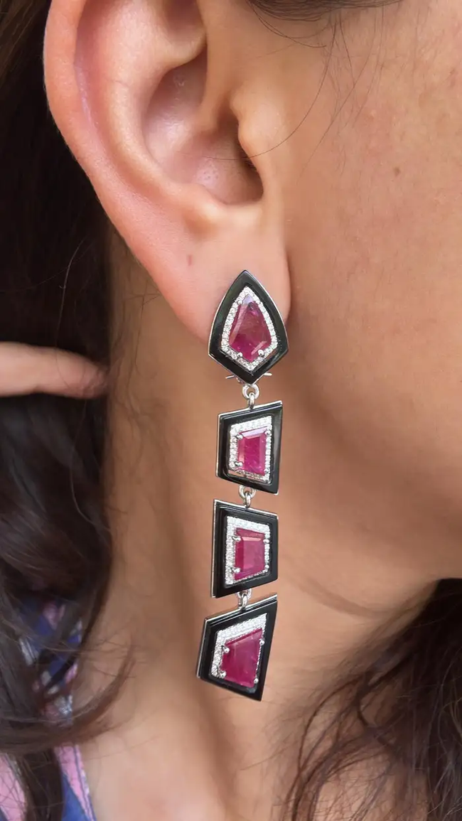 18k White Gold Diamond Dangle Women Earrings - Natural Mozambique Ruby & Black Onyx Statement Earrings Main Image