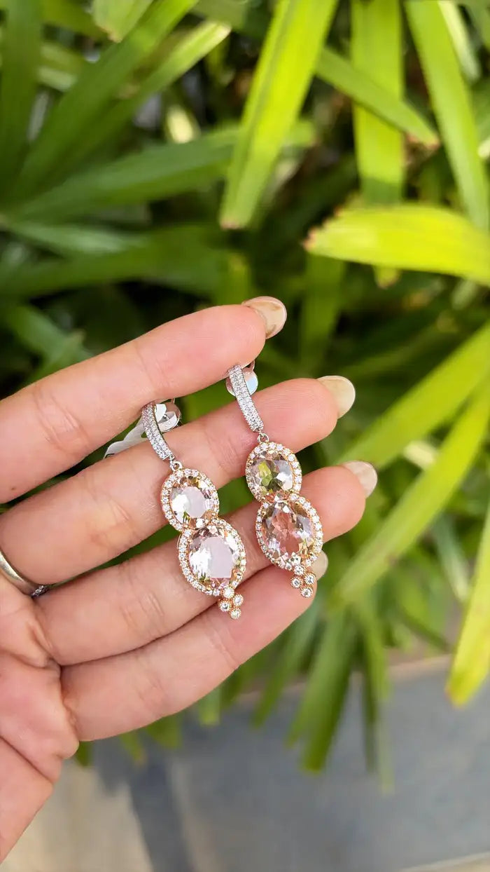 Natural Morganite & Diamond Dangle Earrings - 18k Rose Gold Handmade Earrings