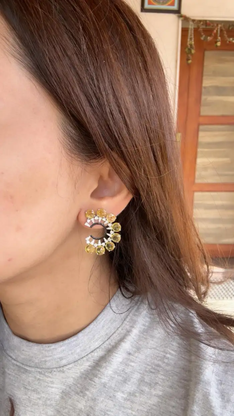 Natural Yellow Sapphire & Black Enamel Earrings - 18k White Gold Diamond Stud Earrings