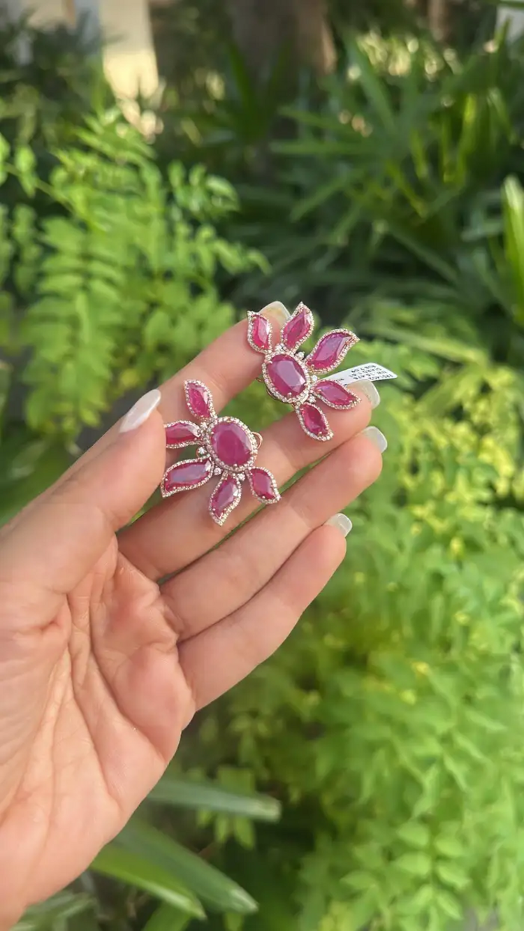 18k Rose Gold Diamond Earrings - Natural Mozambique Ruby Handmade Stud Earrings