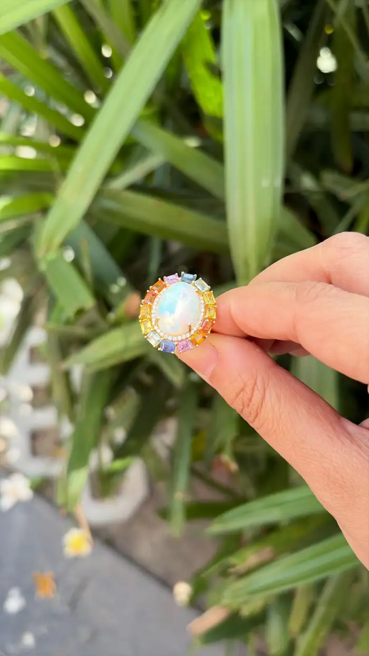 18k Yellow Gold Diamond Ring - Natural Multi Sapphire & Ethiopian Opal Wedding Ring